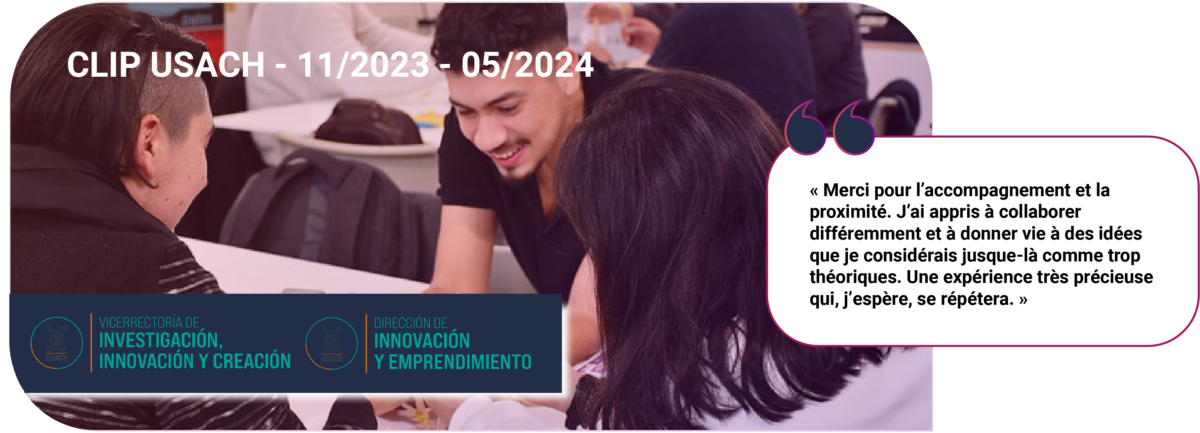 Visuel présentant l’expérience du programme CLIP menée avec l’USACH de novembre 2023 à mai 2024 dans le cadre d’un partenariat international.