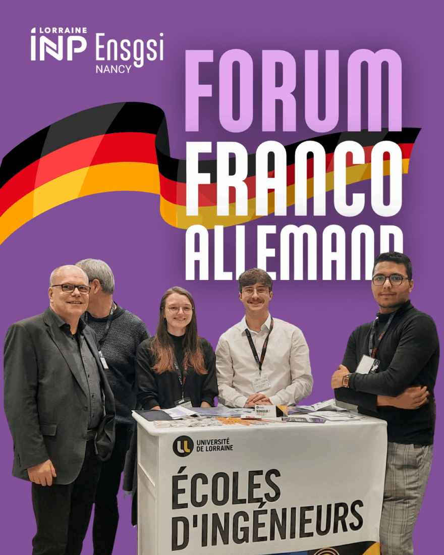 Stand de l’ENSGSI au Forum franco-allemand 2025 à Strasbourg avec les étudiants du double diplôme RPTU.